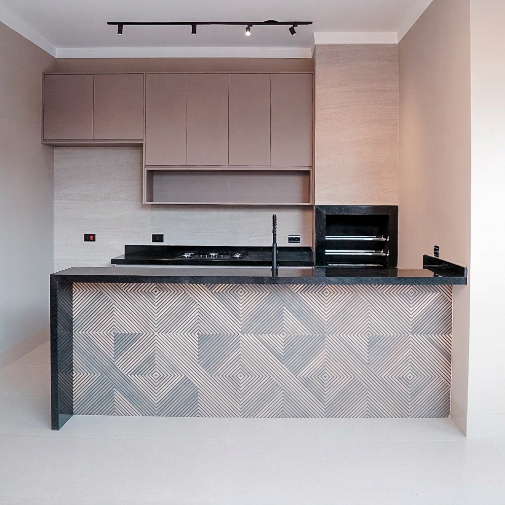 Área gourmet com churrasqueira, cooktop e bancada em granito preto