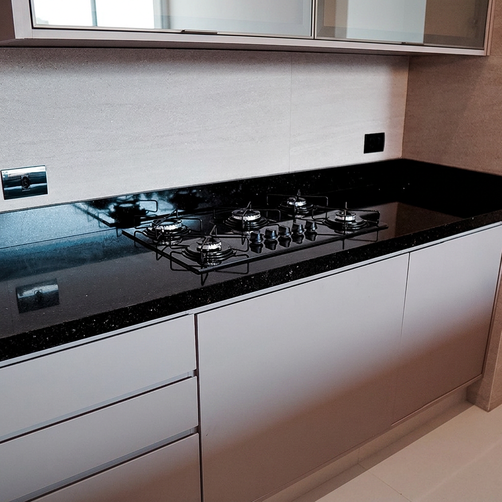 Bancada em granito preto com cooktop 5 bocas e marcenaria planejada