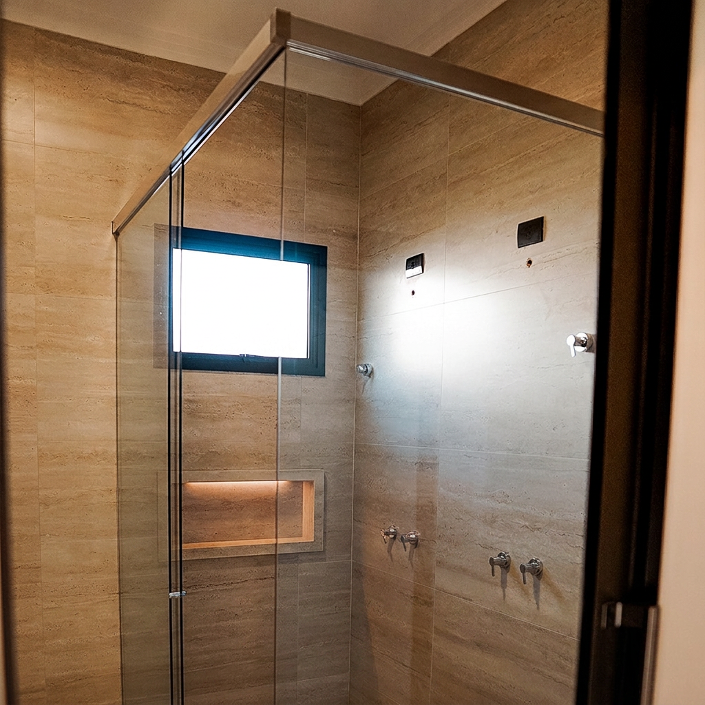 Banheiro com box de vidro, nicho iluminado e revestimento travertino
