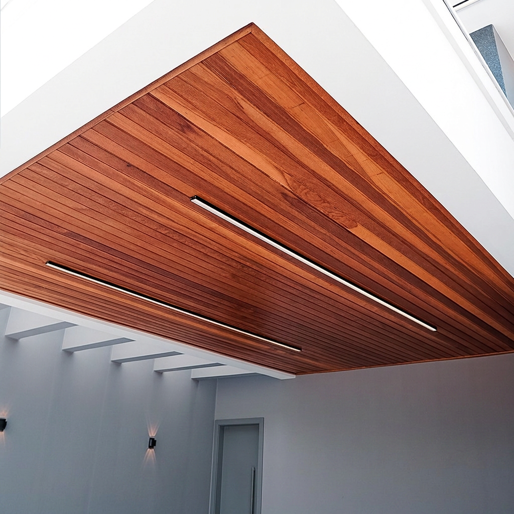 Garagem coberta com forro de madeira e iluminação linear