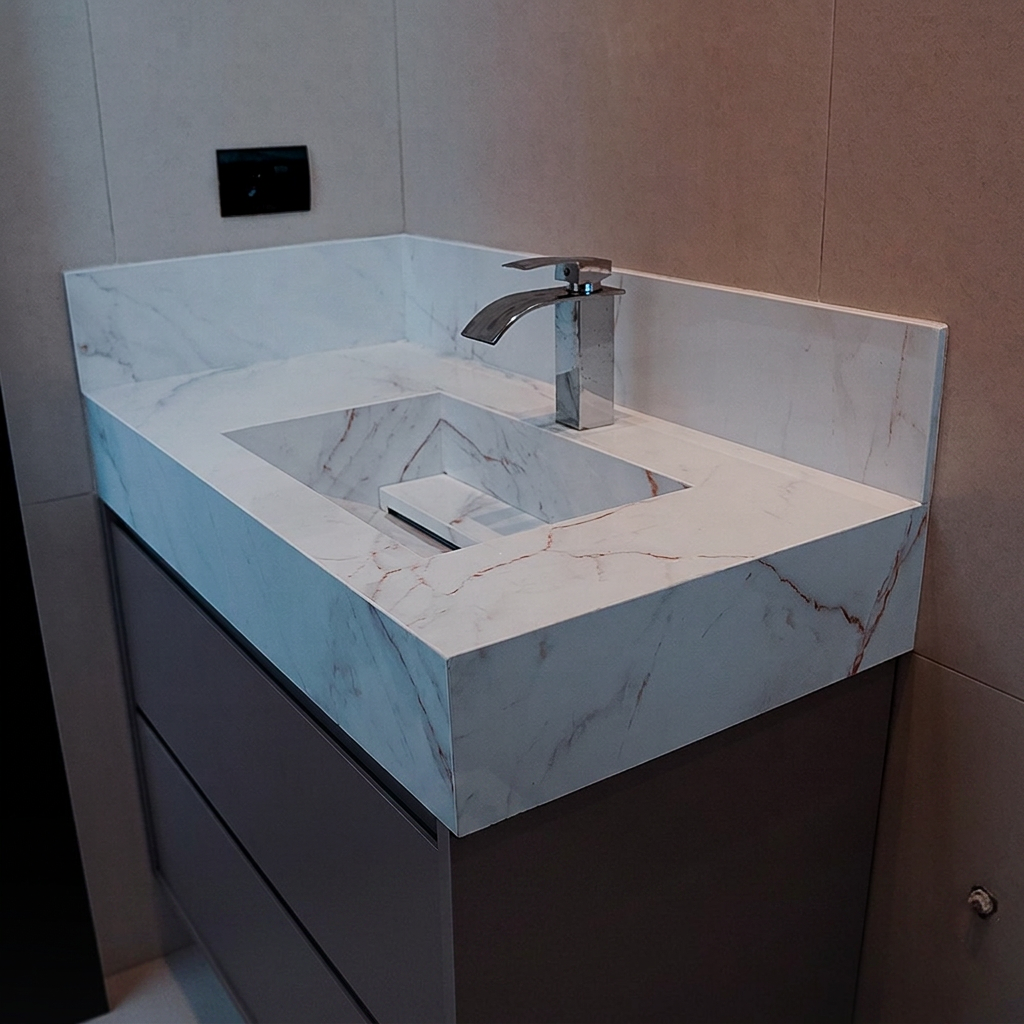 Lavabo com cuba esculpida em porcelanato marmorizado