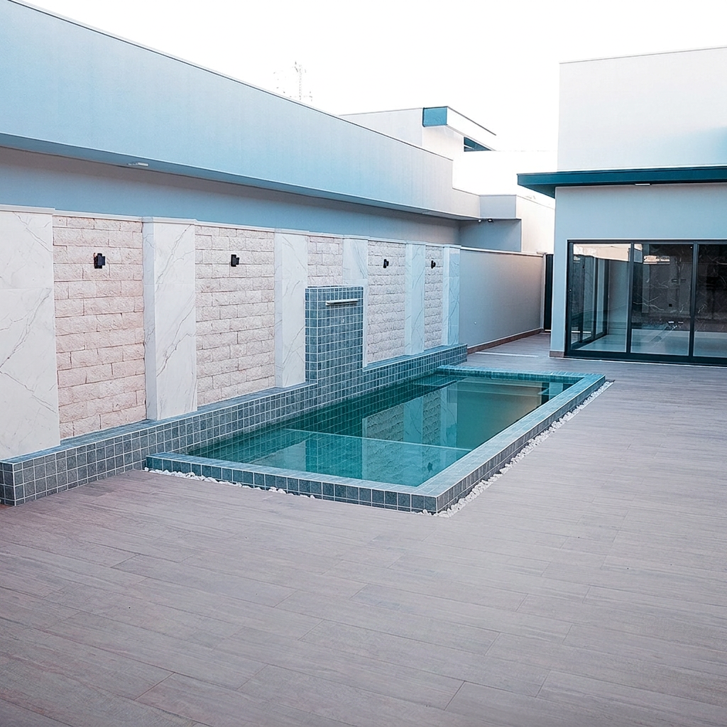 Piscina com cascata e deck amplo em porcelanato amadeirado