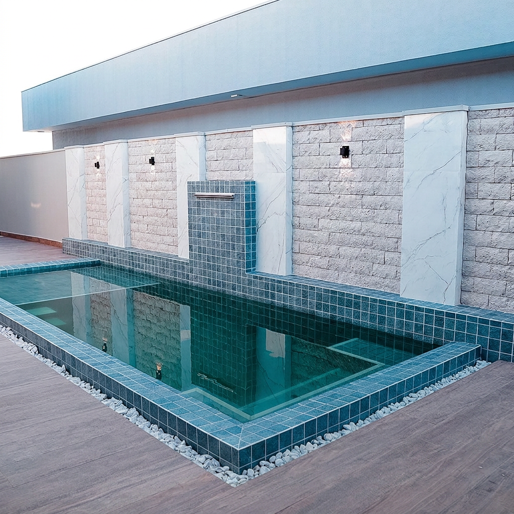 Piscina revestida em pastilha verde com parede em pedra decorativa
