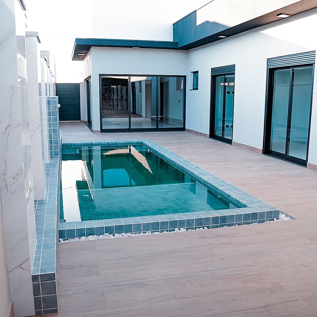 Quintal com piscina e portas de vidro integrando a área social