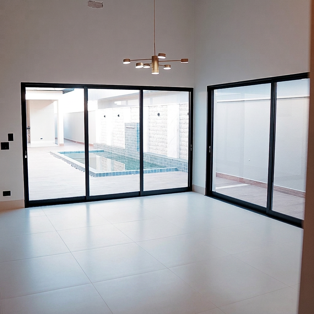 Sala ampla com pé-direito alto e portas de vidro com vista para a piscina