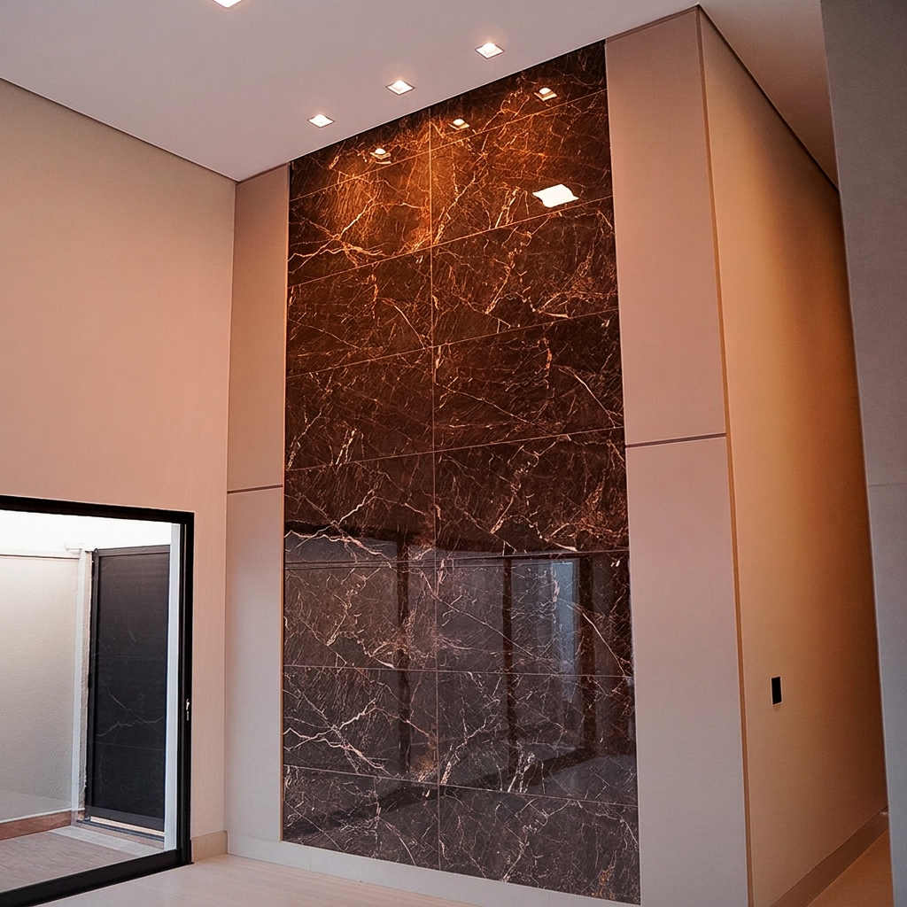 Painel decorativo em porcelanato marmorizado com iluminação embutida na sala